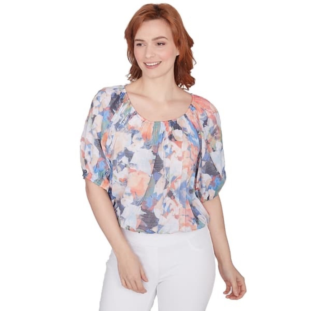 Skye’s The Limit Coral Floral Gables Elbow Sleeve Blouse NWT Petite Large